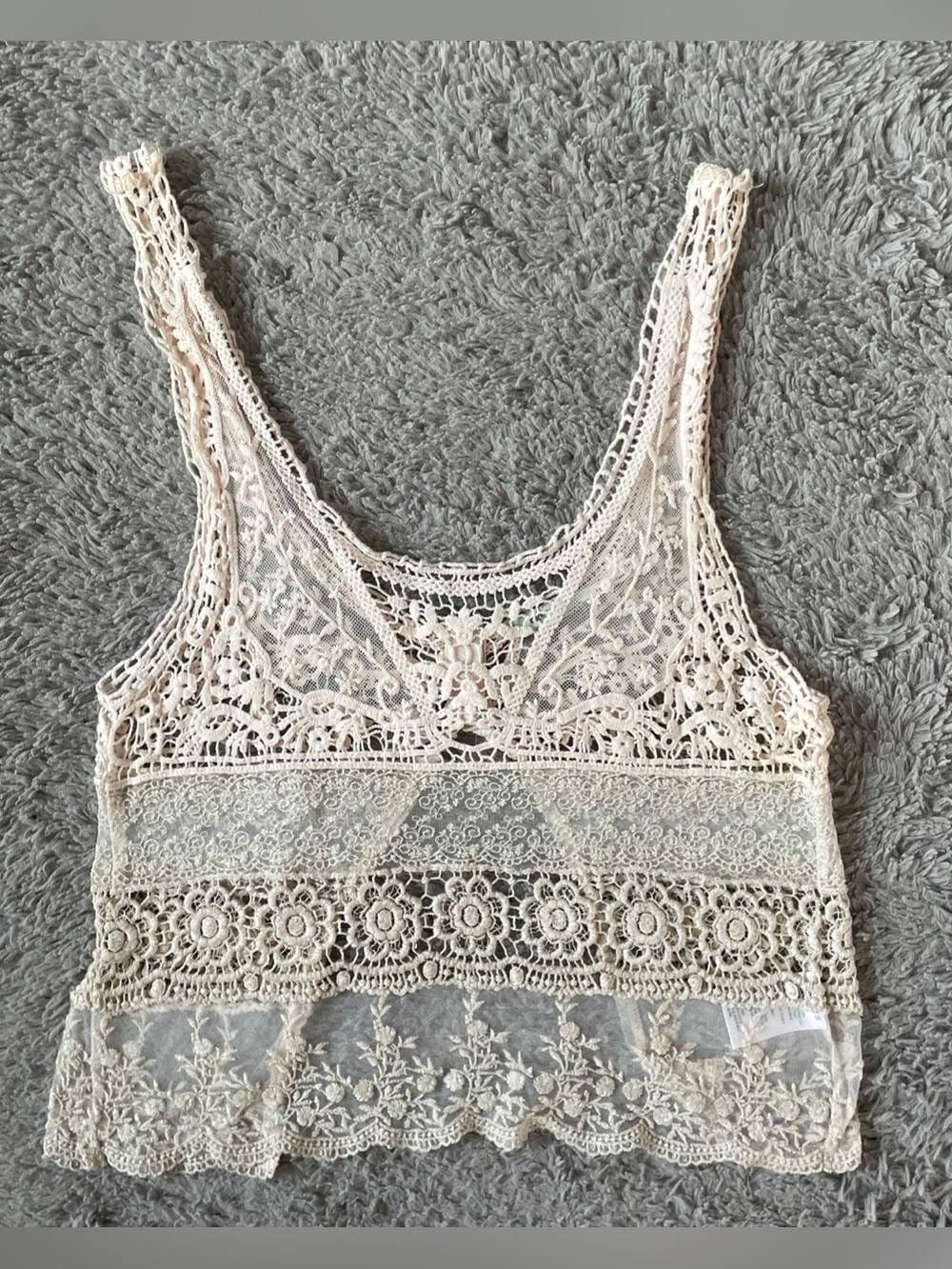 Boho Lace Tank Top Cream Embroidered Sheer Festival Blouse Romantic Indie S/XS